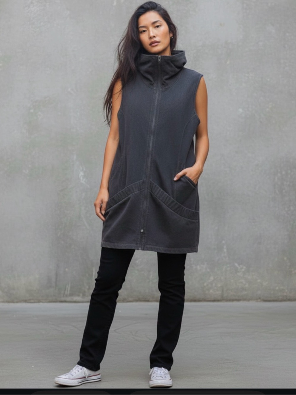 UKO SAN FRANCISCO Front Zip Cowl Neck Sleeveless Top or Vest. Pockets Y2K RARE